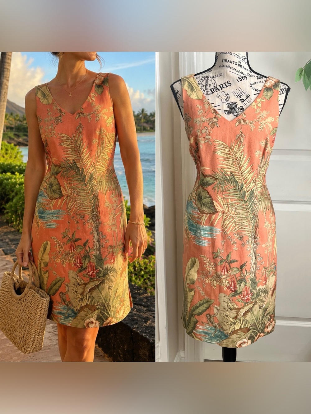 Talbots Vintage Y2K Beaded Tropical Palm Print Cotton Sheath Dress Coral Sz 6P